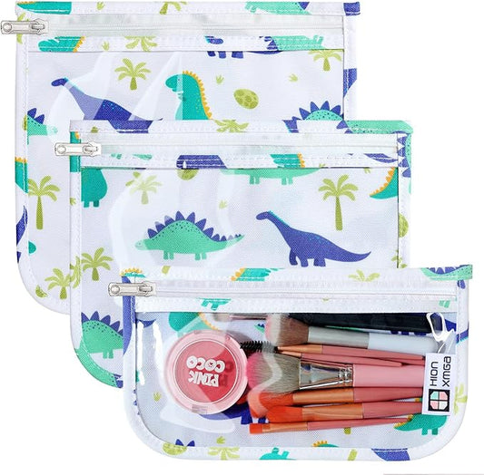 TSA Approved Toiletry Bag, Set of 3 Clear Travel Toiletry Bag Quart Size Zipper Travel Pouch, Waterproof Makeup Cosmetic Bag for Women Men Kids Toiletries Carry on, Dinosaur White