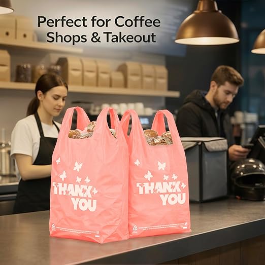 YoYoRain PINK Thank you bags, 1000PCS T shirt bags, To Go Bags,Grocery bags, Reusable and Disposable,Perfect for Small Business,Take Out,Retails,11"x6"x21"(1000)