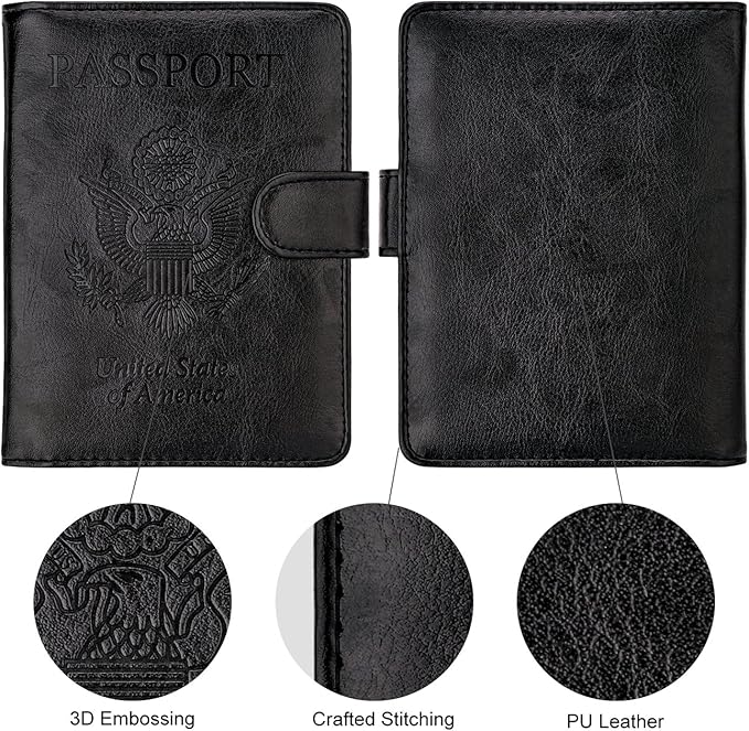 WALNEW Passport Holder for Travel, RFID Passport Cover Wallet for Women Men, PU Leather Passport Book Card Holder Case with Pen (Buckle Closure, Buckle-Black)