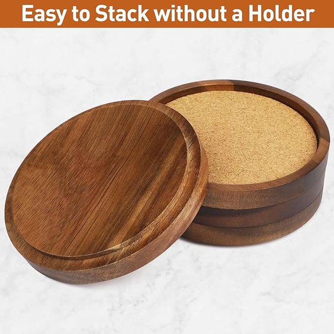 Wooden Drink Coasters Set of 4, Stackable Cup Coaster for Table, 4.2 inch Absorbent Cork Coasters Set for Tabletop Protection, Rustic Glass Coaster for Coffee, Home Decor.
