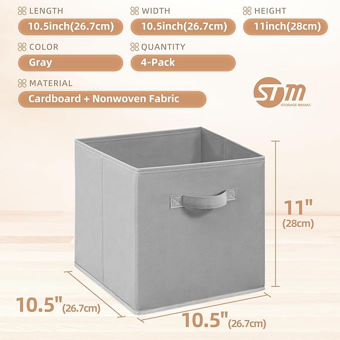 STORAGE MANIAC Storage Cubes, 11 Inch Collapsible Storage Bins with Handles, 4 Pack Fabric Foldable Bins for Organization, Durable Storage Bins for Closet, Shelves, Offices, Toys, 4-Pack Grey