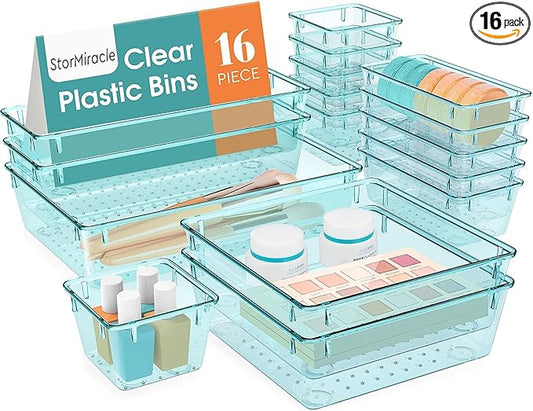 16 PCS Drawer Organizer Set, 5 Varied Size Bathroom and kitchen Drawer cabinet organizer Trays, Clear Storage Bins for Makeup, Jewelry, Utensils and Gadgets