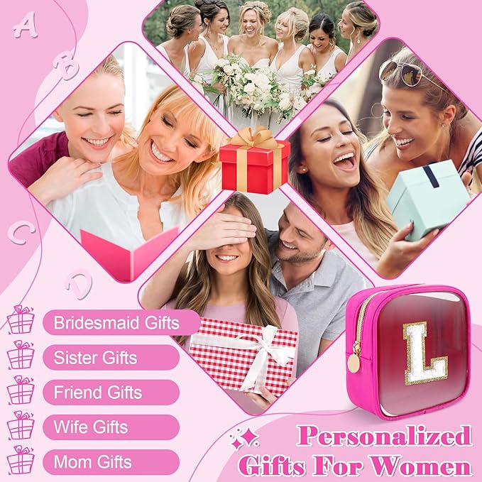 Personalized Initial Letter Clear Preppy Makeup Bag, Mini Nylon Chenille Letter Cosmetic Bag Cute Zipper Pouch Coin Purse for Teen Girls, Portable TSA Approved Travel Essentials Bag Gift for Women, L