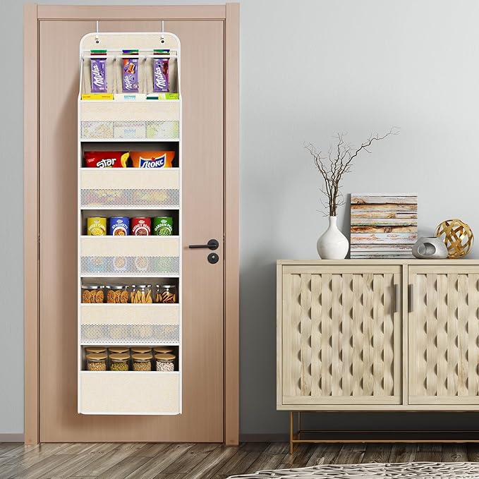 Univivi 6-Shelf Over Door Hanging Organizer Fabric Baby Door Storage with 5 Large Pockets and 3 Small PVC Pockets Wall Mount Hanging Storage Organizers for Baby Essential (Beige)