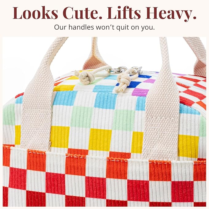 LOVELYWIND Insulated Lunch Bag for Women Men, Stylish Corduroy Tote Bag with Aluminum Lining, Large Capacity Reusable Cooler for Work, Travel, or Beach, Rainbow Plaid Lunch Box