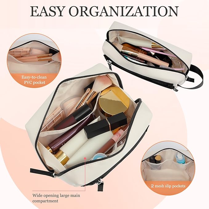 TOPEAST Christmas Gifts for Women Girls - 2Pcs Makeup Bag Small Travel Cosmetic Bag, Make Up Bag Purse for Women, Waterproof Pouch Set Open-Wide Makeup Organizer, Beige Black