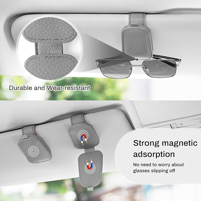 SINGARO Sunglasses Holder for Car, Leather Magnetic Buckle Sun Visor Sunglass Clip, Ticket Card Storage Glasses Clip, Car Interior Accessories for Men and Women（Gray）