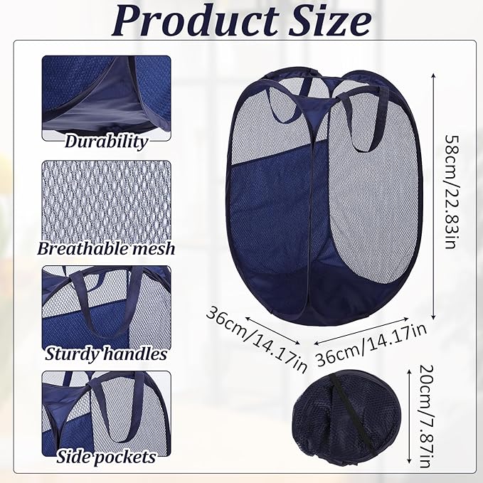 6Pcs Pop up Hampers for Laundry Foldable Mesh Laundry Hamper Baskets with Sturdy Handles Pop up Hamper Dirty Clothes Baskets for Bedroom College Dorm Travel Storage (Black/White/Blue)