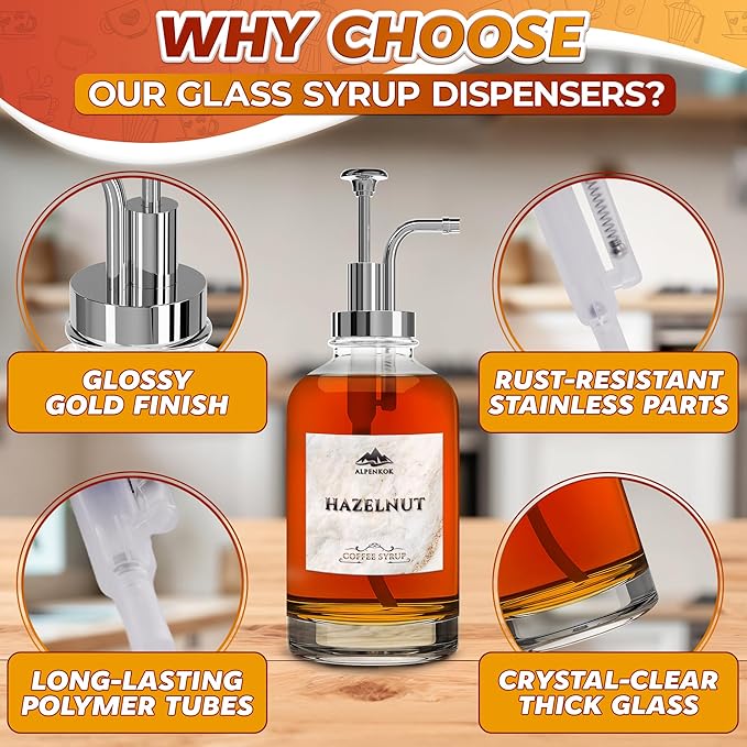 Set of 4 Glass Syrup Bottle with Pump 16.9oz 500 ml – Thick Glass Syrup Dispenser with 18 Marked Labels, Leak-Proof, Easy Cleaning – Coffee Bar Essentials for Home | Event Ready (Silver Pumps)