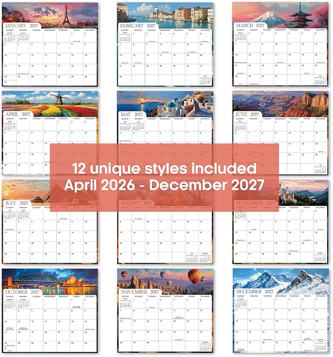 Aesthetic 2026-2027 Magnetic Calendar for Refrigerator, 21-Month Fridge Calendar Magnet from April 2026 to December 2027, Easy Organizing, Global Attractions