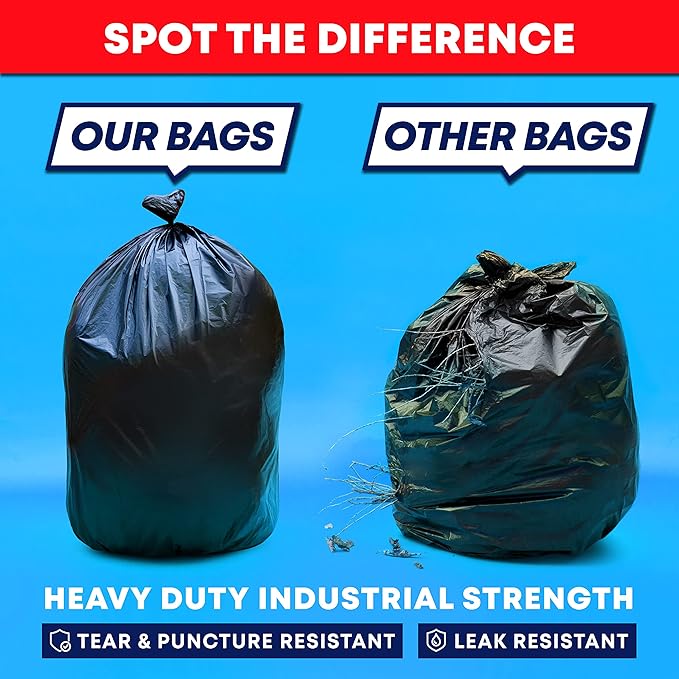 Tasker 55 Gallon Trash Bags | Value 50 Trash Bags w/Ties | Heavy Duty Extra Large Industrial Trash Bags 55 Gallon, Lawn and Leaf Bags, Extra Large Outdoor Contractor Trash Can Liners, 50-60 Gallon