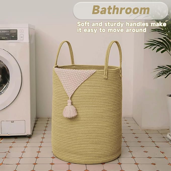 Large Woven Laundry Basket Hamper, 80L Cotton Rope Storage Bin for Blankets, Toys and Clothes, Decorative Tall Nursery Hamper for Living Room, Baby Nursery, Bathroom and Bedroom, Jute