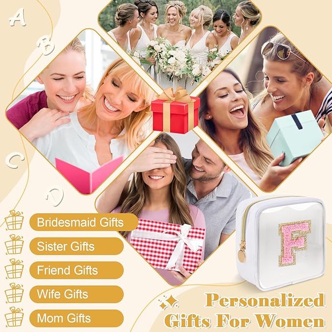 Personalized Initial Letter Clear Preppy Makeup Bag, Mini Nylon Chenille Letter Cosmetic Bag Cute Zipper Pouch Purse for Teen Girls, Portable TSA Approved Beach Travel Essentials Bag Gift for Women, F