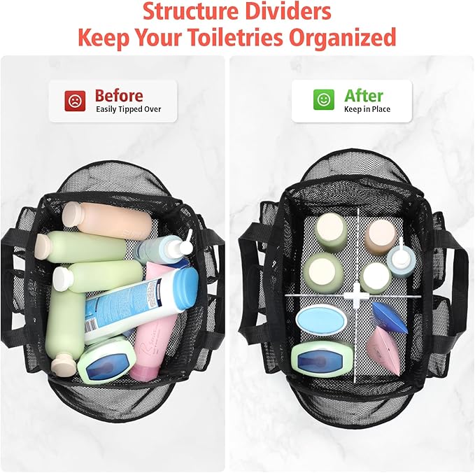 F-color Mesh Shower Caddy Portable with Dividers - Upgraded Deeper 7 Pockets Dorm Room Essentials with S Hook, Shower Bag Basket Tote for Guys Girls College Camping Toiletry Bathroom, Black