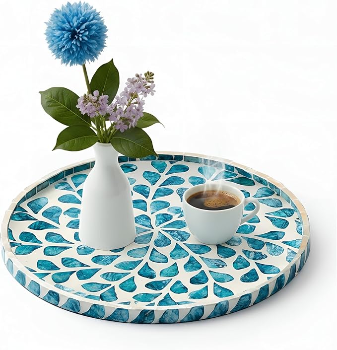 Chunful Mother of Pearl Round Serving Tray 10 Inch Wood Coffee Table Tray for Tea Breakfast Kitchen Cabinet(Teal Floral Style)