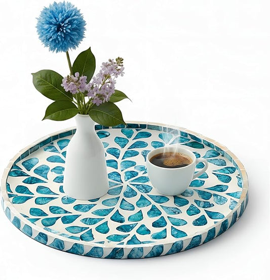 Chunful Mother of Pearl Round Serving Tray 10 Inch Wood Coffee Table Tray for Tea Breakfast Kitchen Cabinet(Teal Floral Style)