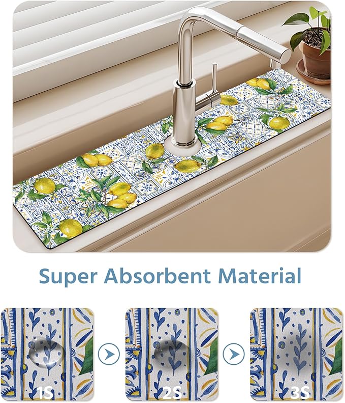 Patterned Sink Faucet Mat Kitchen Splash Guard Super Absorbent Drying Mat, Non-Slip Drain Pad for Kitchen Counter or Bathroom-15x5.5in