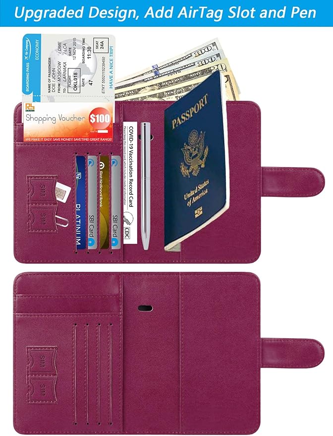 Airtag Passport Holder Cover Wallet RFID Blocking Leather Case Travel Essentials Luggage Accessories Travel Must Have(118#Purple)