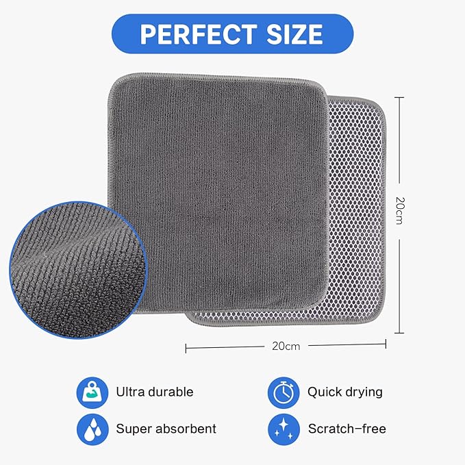 VIVOTE Microfiber Cleaning Cloths Washable Dishcloths with Polyester Mesh Scrubbing Edge Dishcloths, Kitchen Household Wipes Kitchen Dish Cloth,8pcs,7.87“ x 7.87” (Grey)