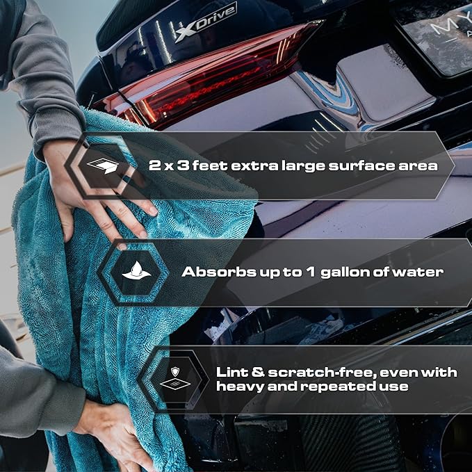 Blackline Car Drying Towel - 2ftx3ft XL-Popular Pick Among Detailing Pros -Aqua 1300 GSM Microfiber Accessory - Absorbs Over 8lbs of Water - Leaves No Streaks, Spots or Scratches - Dries an Entire Car
