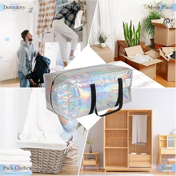 8 Pack Heavy Duty Moving Bags 24-Gallon Extra Large Waterproof Foldable Clothing Storage Totes Bags with Zipper,Reinforced Handles,Packing Moving Boxes for Dorm & Seasonal Storage,Iridescent