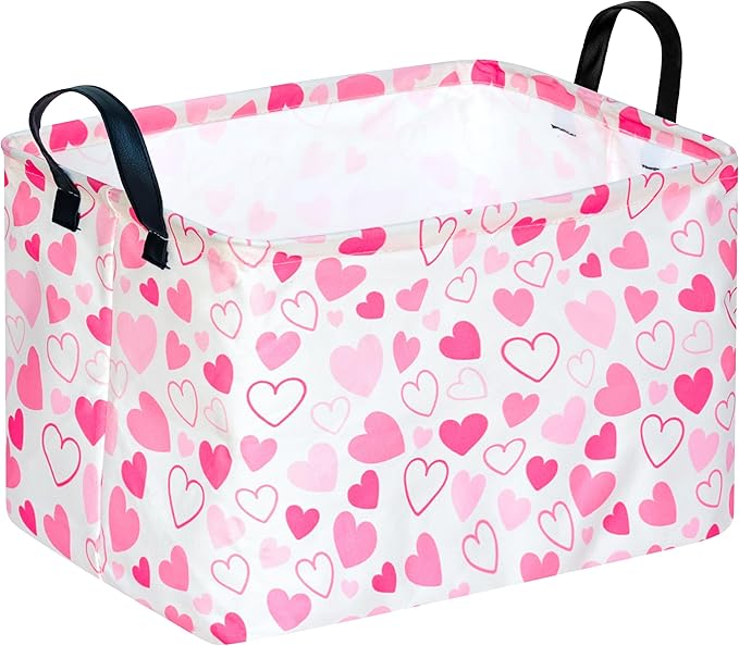 MAIZMZ Girls Gift Basket Heart Print Storage Cube for Women, Closet Shelf Organizer Bins Empty Gift Basket with Handles Nursery hamper Kids Toys Books Box Room Decor