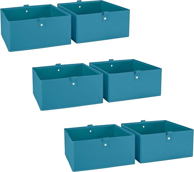 RiverRidge Kids 6pc Folding Storage Bins Set - 10.5”W x 5”H Fabric Boxes with Handles for Closet Organizers and Storage - Turquoise Cube Storage Organizer for Toys, Clothes & Crafts - Fits Shelves