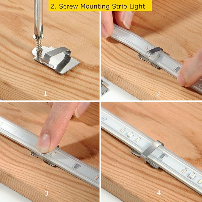Threetwofour 100 Pack Double Fix LED Tape Light Mounting Bracket Self Adhesive LED Strip Clips Use for Width 10-17mm/0.39-0.66in Height<5.0mm/0.19in Silicone Tube Outdoor LED Strip Light with Screws