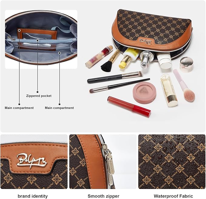 BOYATU Small Travel Makeup Bag for Women: Elegant Vegan Leather Cosmetic Pouch for Purse - Waterproof Toiletry Bag with Mirror (010-coffee)