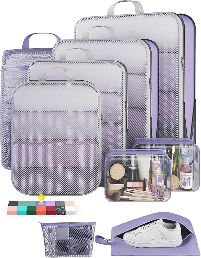 Veken 9/11 Set Compression Packing Cubes for Travel Essentials, Compressible Expandable Large Luggage Suitcase Organizer Bags for Clothing, Durable Space Saver Storage Bags (Purple Gray)