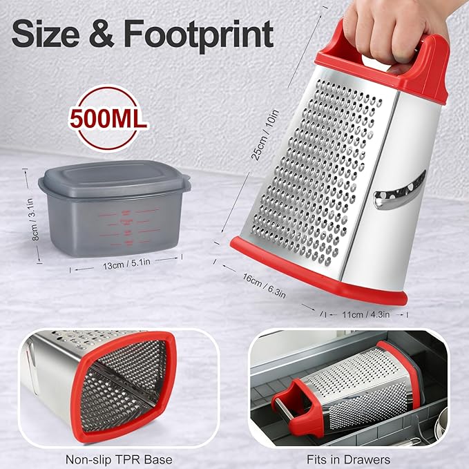 Ourokhome Cheese Grater with Handle, Stainless Steel Box Grater, 4 Side Kitchen Vegetable Shredder Slicer Zester with Container for Parmesan, Cabbage, Ginger, Lemon, Chocolate, Coconut (Red)