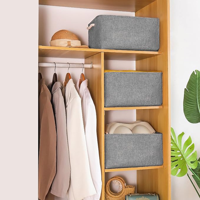 Storage Bins with Sturdy Cotton Handles(1 Pack), Fabric Storage Baskets for Organizing use for Office & Home, Book, Clothes, Toys, Closet Boxes (Small, Grey, 12.2x8.3x6.3 inches)