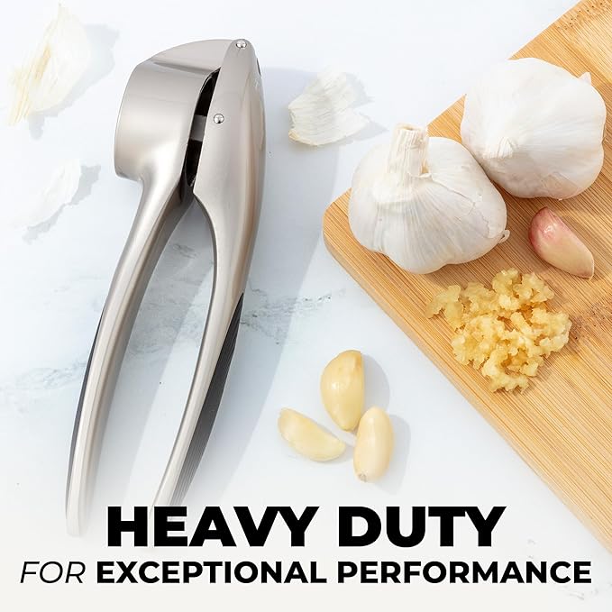 Zulay Kitchen Large Premium Garlic Press Set – Rust Proof & Dishwasher Safe, Bigger Bowl Garlic Mincer Tool with Silicone Garlic Peeler & Brush, Easy Squeeze & Clean, Ergonomic Handle - Silver