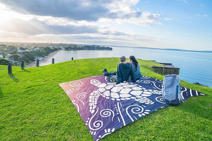 WEKAPO Beach Blanket Waterproof Sandproof Oversized Extra Large Sand Free Beach Mat with Stakes, Storage Bag - Essentials for Outdoor Beach, Picnic (Deep Blue Sea Turtle, 11 X 9 FT (1~10 Person))
