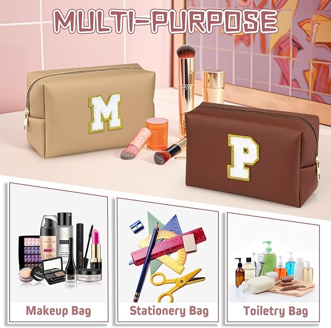 TOPEAST Preppy Makeup Bag, Personalized Initial Bags with Zipper, Cute Makeup Pouch, PU Leather Waterproof Cosmetic Bag, Birthday Gift for Daughter, Preppy Things for Girls (Brown A)