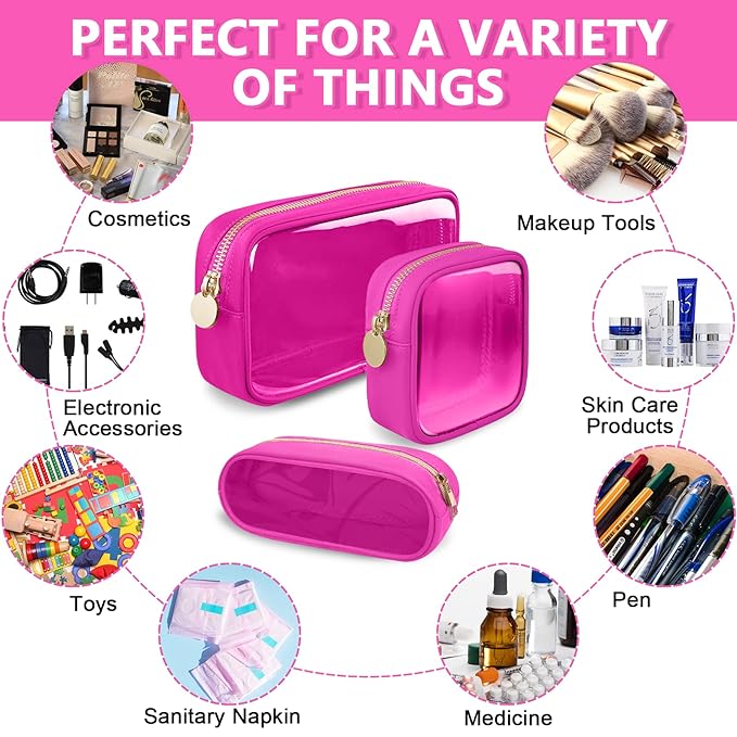 Clear Small Makeup Bag with Zipper, Nylon&PVC Cosmetic Travel Bag Preppy TSA Approved Toiletry Bag for Women Girls, Transparent Waterproof Makeup Pouches Cute Travel Bag for Purse (Small-Hot Pink)