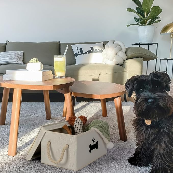 Dog Toy Basket with Lid, Dog Basket for Toys, Dogs Toy Box with Cotton Rope Handles, Collapsible Storage Bins for Pet Toys, Dogs Storage Organizer, Beige