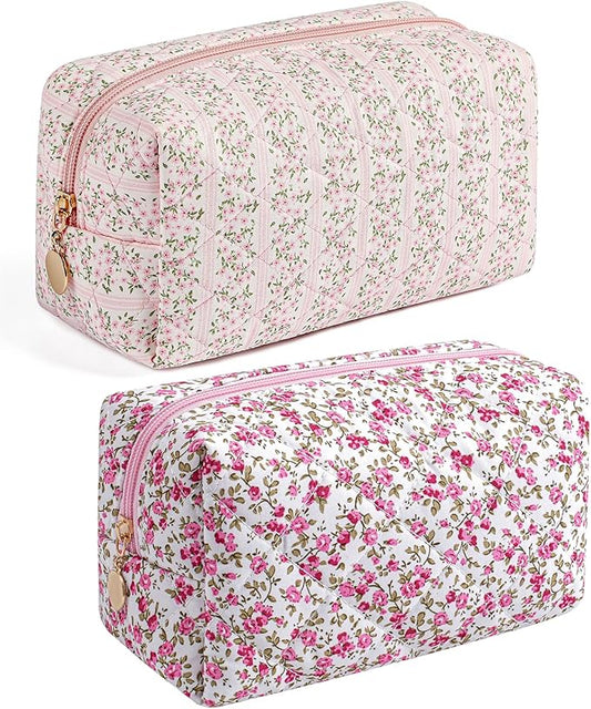 HHQQWZ Makeup Bag Travel Cosmetic Bag for Women Girls, Zipper Make Up Pouch, Floral Flowers Toiletry Organizer Makeup, Portable Storage Cosmetic Travel Cloth Bag (Pink+Flower-Pink)