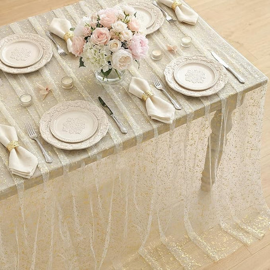 Horaldaily Apricot Gauze Tablecloth 60x120 Inch Rectangular, Golden Sequin Glitter Metallic Foil, Sheer Tulle Cheesecloth for Wedding Baby Shower Ceremony Birthday