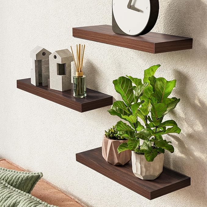 BAYKA Floating Shelves for Wall, Wall Mounted Rustic Wood Shelves for Bathroom, Bedroom, Living Room, Kitchen, Small Hanging Shelf for Books/Storage/Room Decor (Walnut-Like, Set of 3, 15.7in)