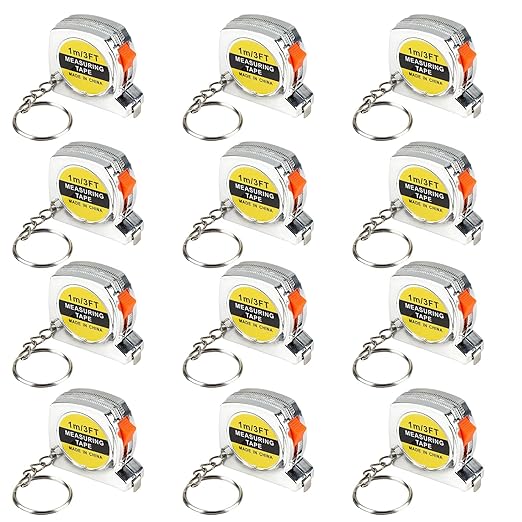 12 Pack 3ft Mini Tape Measure Keychain, Sliver Portable Retractable Small Tape Measure with Slide Lock, Construction Party Favors for Prize Bag Filler DIY Projects School Office Home Project Daily Use