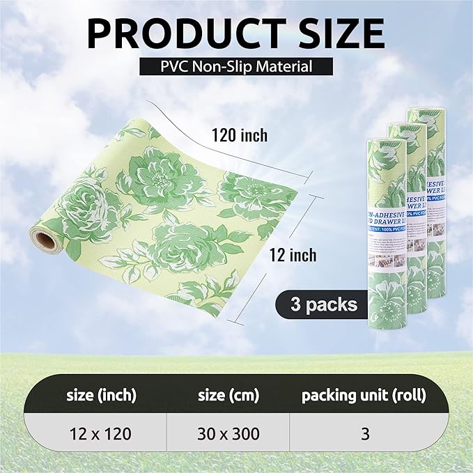 FIFTY FEET 12X120 Inch Shelf Liner for Kitchen Cabinets, PVC Drawer Liner for Dresser Non-Slip Bathroom, Non-Adhesive Cabinet Liner Washable (Green Flower)(3 Roll)