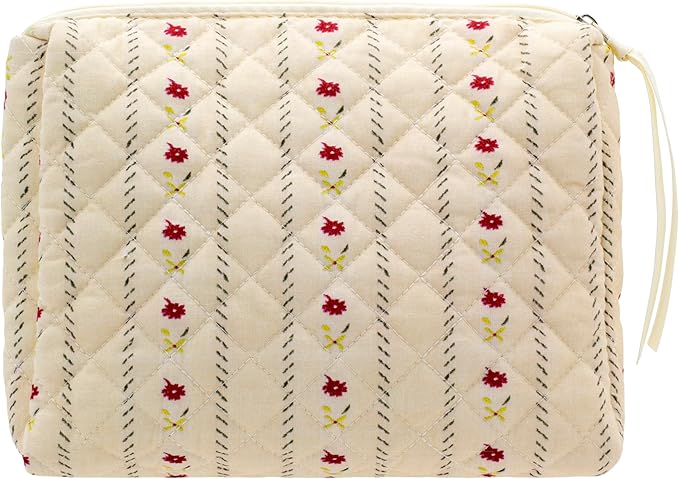 PAZIMIIK Quilted Makeup Bag Large Travel Zipper Soft Cosmetic Pouch for Women Girls Make Up, Little Flower Beige