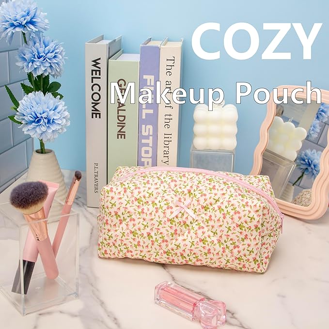 Cozy Makeup Bag Travel Cosmetic Bag for Women Soft Toiletry Bag Aesthetic Makeup Organizer Portable Large Zipper Pouch for Skincare Beauty Accessories Brushes Floral Pink