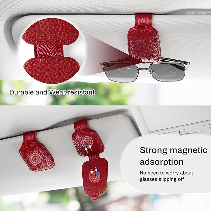 SINGARO Sunglasses Holder for Car, Leather Magnetic Buckle Sun Visor Sunglass Clip, Ticket Card Storage Glasses Clip, Car Interior Accessories for Men and Women（2PCS Red）