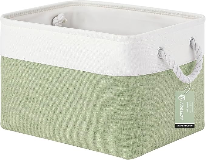 VQRTEXA Large Storage Baskets - 15x11x10 inch Storage Bins for Shelves and Closet Organizing, Foldable Fabric Bin for Home Organization Clothes and Laundry (1-Pack, White&Green)