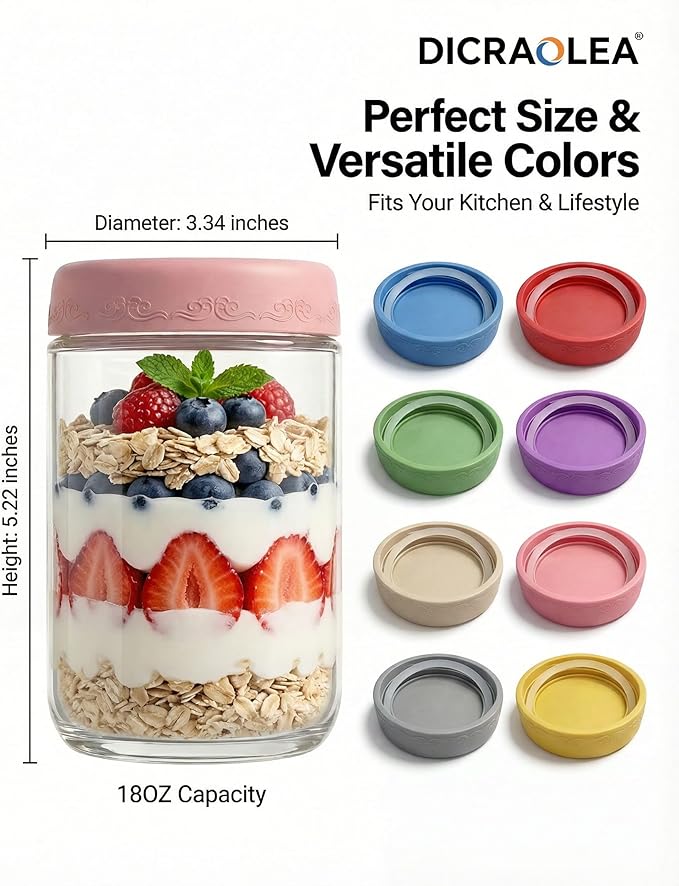 18oz 4Pack Glass Overnight Oats Jars Containers with Airtight Leakproof Lids, Reusable Mason Jars for Meal Prep, Yogurt Parfaits, Smoothies, Salads & Healthy Breakfasts (18 OZ-4-1)
