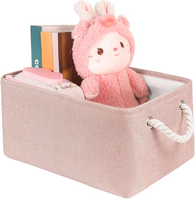 Storage Bins with Sturdy Cotton Handles(1 Pack), Fabric Storage Baskets for Organizing use for Office & Home, Book, Clothes, Toys, Closet Boxes (Large, Pink, 15.7x11.8x7.9 inches)