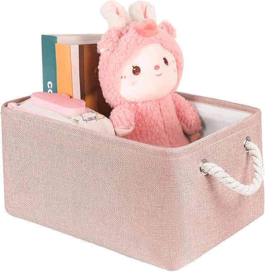 Storage Bins with Sturdy Cotton Handles(1 Pack), Fabric Storage Baskets for Organizing use for Office & Home, Book, Clothes, Toys, Closet Boxes (Large, Pink, 15.7x11.8x7.9 inches)