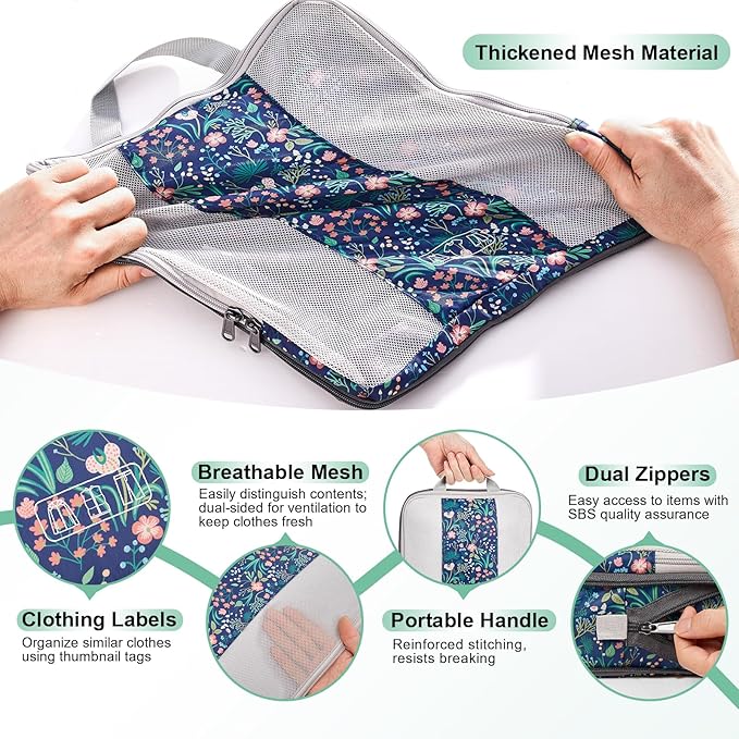 8 Set Compression Packing Cubes for Travel Essentials, Compressible Expandable Packing Cubes for Suitcase, OlarHike Luggage Organizer Bags for Travel (Dark Blue Floral)